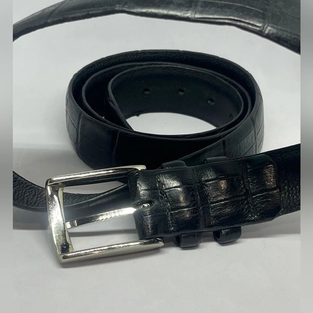 Stylish Black Croc-Embossed LEATHER Belt with Silver Buckle. DRESS BELT.